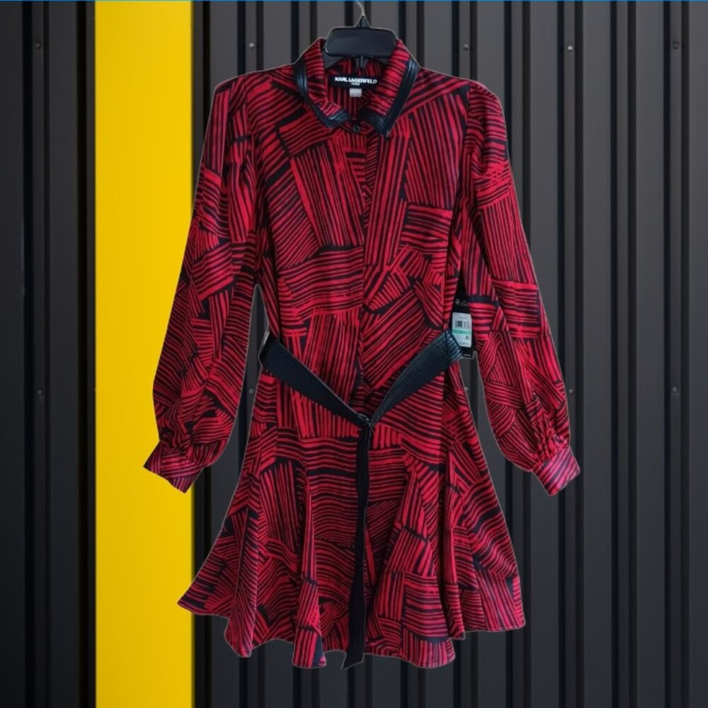Karl Lagerfeld Paris Belted Shirt Dress Long Sleeves Belted Black Red Size 8 NEW